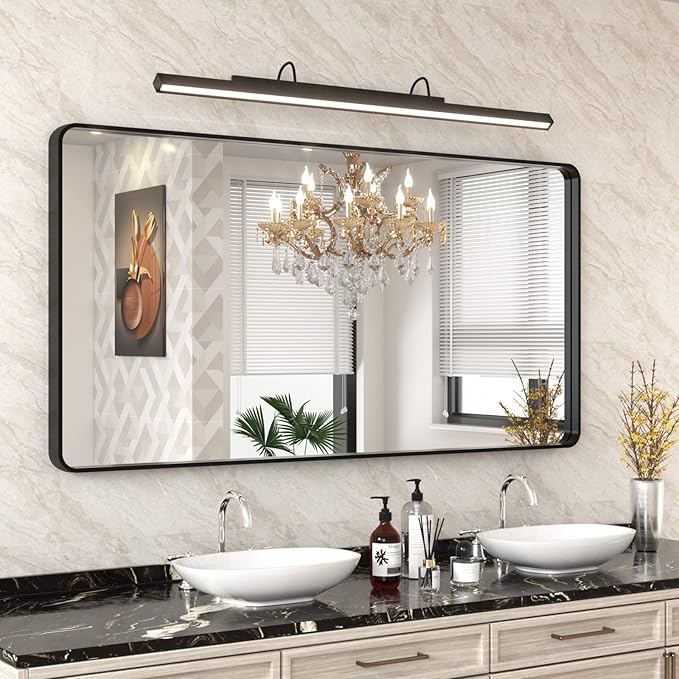 WEER Black Bathroom Mirror for Wall 60X30 Inch, Rectangular Black Metal Framed Vanity Mirror, Farmhouse Matte Black Mirror with Tempered Glass, Rounded Corner, Anti-Rust (Horizontal/Vertical)