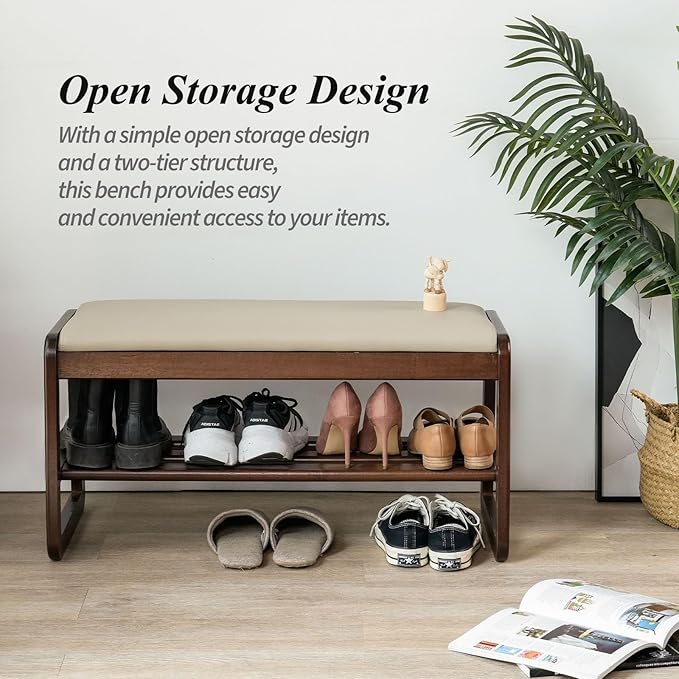 Shoe Bench, Entryway Bench with Leather Cushion, Solid Wood Shoe Rack, Mid Century Modern Bench, Shoe Storage, Shoe Organizer for Entryway (Grey, 31.5" W)