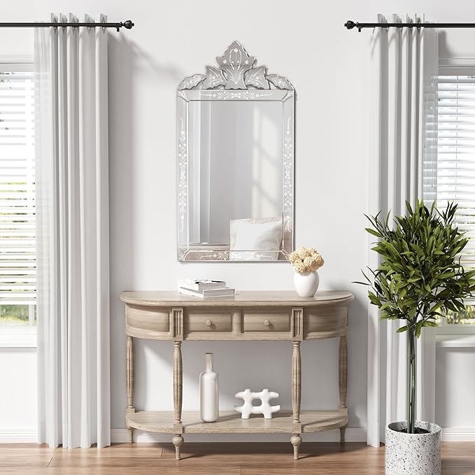 KOHROS Bathroom Vanity Decorative Mirrors for Wall Decor 42" x 24" Venetian Wall Mirror with Floral Etched Design Crown Top Frameless Wall Mirror for Bedroom Bathroom Vanity