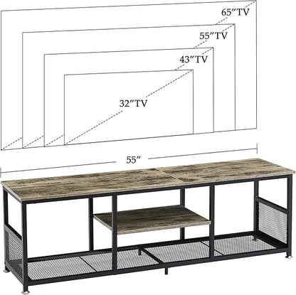 VECELO Industrial TV Stand for Televisions up to 65 Inch, 55" Entertainment Center with Open Storage Shelves for Living Room/Bedroom, 3 Tiers Media Console Table with Metal Frame, Grey, 55 Inches