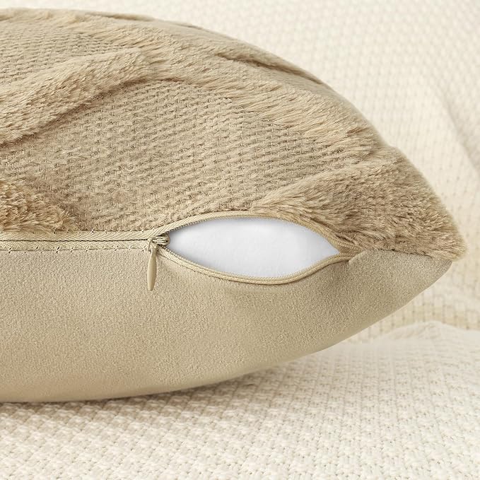 decorUhome Throw Pillow Covers 22x22 Inch Set of 2, Soft Plush Faux Fur Wool Khaki Couch Pillow Covers, Decorative Neutral Pillow Cases for Bed Sofa Living Room Home Decor