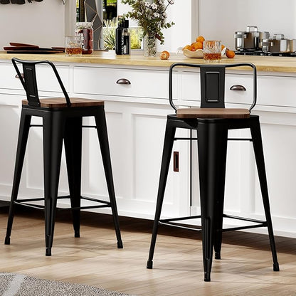 24 Inch Swivel Bar Stools Set of 2 with Backs Counter Height Industrial Metal Barstools Island Bar Chairs for Home Kitchen Dining Room (Swivel 24 inch,Matte Black Wooden)