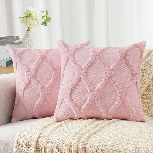 decorUhome Throw Pillow Covers 18x18 Inch Set of 2, Soft Plush Faux Fur Wool Light Pink Couch Pillow Covers, Decorative Neutral Pillow Cases for Bed Sofa Living Room Home Decor