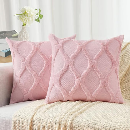 decorUhome Throw Pillow Covers 24x24 Inch Set of 2, Soft Plush Faux Fur Wool Light Pink Couch Pillow Covers, Decorative Neutral Pillow Cases for Bed Sofa Living Room Home Decor