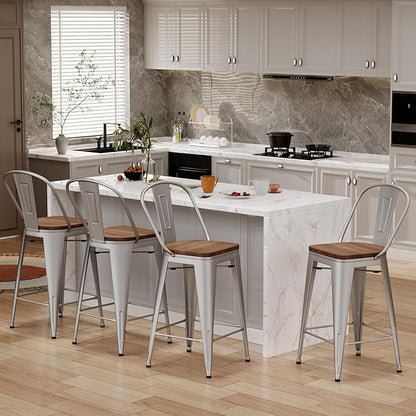 Changjie Furniture 24 Inches Metal Barstools Set of 4 Counter Height Bar Stools Industrial Stools with Backs High Back Chairs for Kitchen Island (24 Inch, Silver)