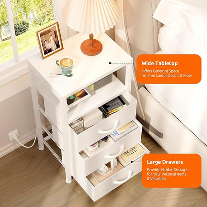 NightStand Bedside Charging Table Bedroom - White Night Stand with Charger Station, USB-C USB Ports & AC Outlets for Dorm, Living Room, Modern End Table with Open Shelf & 3 Fabric Drawers