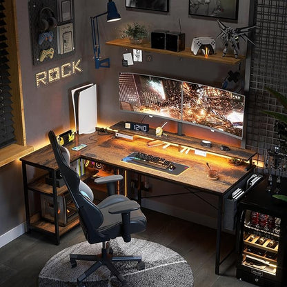 ODK 58 Inch Gaming Desk with USB Charging Ports and LED Lights, Reversible L Shaped Computer Desk with Storage Shelves & Monitor Stand, Corner Home Office Desk Table with Power Outlets, Vintage