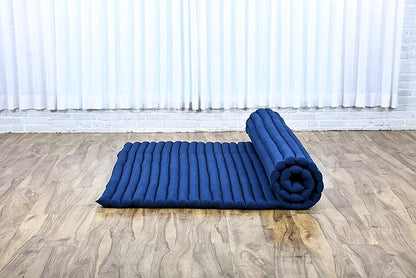 Leewadee - Foldable Floor Mattress - Japanese Roll Up Futon -Trifold Tatami Mat- Guest Floor Bed - Camping Mattress - Thai Massage Mat, Kapok Filled, 75 x 57 inches, Blue