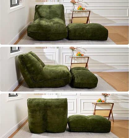 Bean Bag Chair with Ottoman, Comfy Bean Bag Sofa with Memory Foam, Lazy BeanBag Sofa with Footstool, Fireside Bean Bag Couch for Living Room, Bedroom, Apartment (Green)
