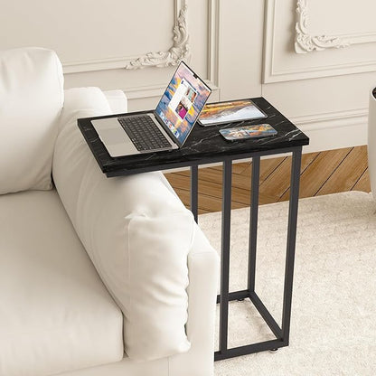 VECELO C Shaped End Side Table for Sofa Couch and Bed Snack TV Tray for Living Room Bedroom, 1 Set, Black Marble