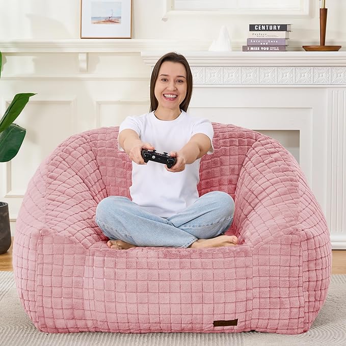 Bean Bag Chairs for Adults, Giant Beanbag Sofa Comfy Reading Chair, Oversized Bean Bag Chairs for Living Room Bedroom, Soft Faux Fur Fabric, 3.2FT, Pink, Checkered