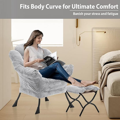 Lazy Chair with Folding Ottoman, Accent Chair Plush Upholstered with Metal Structure and Non-Slip Pads, Sofa Armchair with Footrest and Side Storage Bag for Dorm, Room, Office, Light Gray