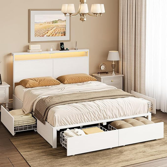 Full Bed Frame with 4 Storage Drawers Bed Frame Full Size with Headboard LED Lights Charging Station Metal Slats Platform Heavy-Duty Support No Box Spring Needed White