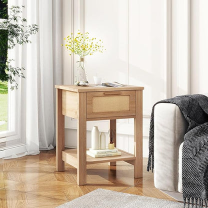 IBUYKE Rattan Nightstand, Boho Night Stand with Drawer, Wood Bedside Tables with Storage Shelf, End Table with Legs for Bedroom, Natural UWNS011N