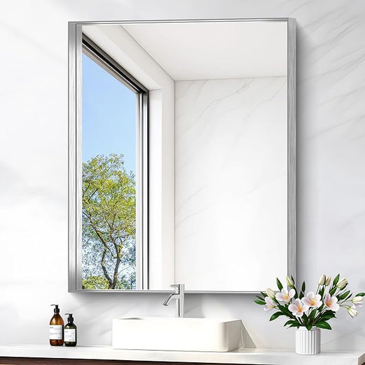 Silver Bathroom Mirror, 30x36 Inch Rectangular Framed Mirror, Large Wall Mounted Bathroom Vanity Mirror Over Sink for Bedroom,Restroom, Living Room, Hangs Vertically or Horizontally
