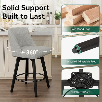 Vipbear Swivel Counter Height Bar Stools Set of 4,26.8" H Counter Stools with Back, Mid Century Modern Bar Stools for Kitchen Island,Linen Fabric,Wooden Base, Light Gray