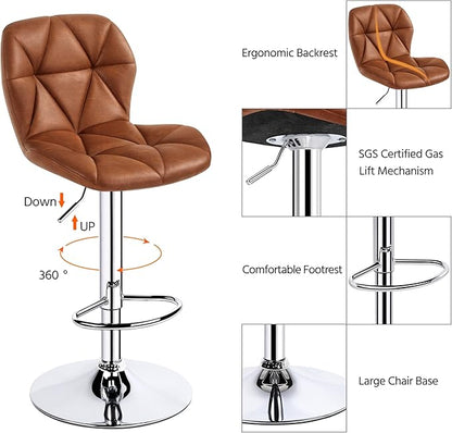 Yaheetech Bar Stools Set of 4, Adjustable PU Leather Swivel Barstools, Modern Counter Stools with Back and Footrest, Counter Height Barstools for Bar, Kitchen, Dining Room, Retro Brown