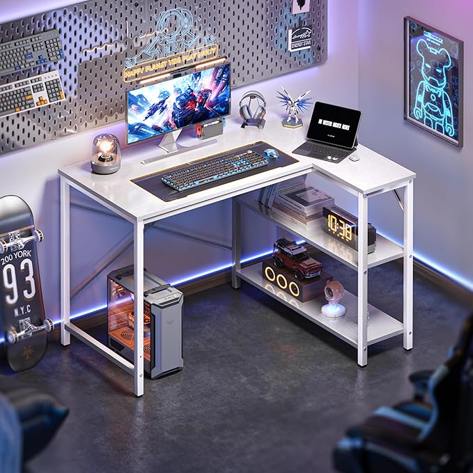 Huuger L Shaped Desk, 39 Inches Computer Desk with Reversible Storage Shelves, for Gaming Corner Home Office Writing Study, Metal Frame, White