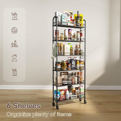 6 Tier Slim Storage Cart with Wheels, Metal Mobile Shelving Unit Organizer Utility Cart for Office Bathroom Kitchen Laundry Room Narrow Places (6inches)
