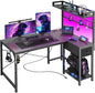 PRAISUN L Shaped Gaming Desk with Shelves, Corner Computer Table with LED Lights, Power Outlets and USB-C Ports, 42 Inch Home Office Desk with Storage Drawer, for Work and Study, Carbon Fiber Black