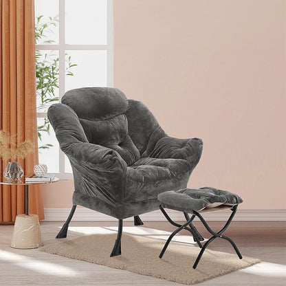 Lazy Chair with Folding Ottoman, Accent Chair Plush Upholstered with Metal Structure and Non-Slip Pads, Sofa Armchair with Footrest and Side Storage Bag for Dorm, Room, Office, Dark Gray