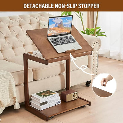 CozyDH Adjustable C Shaped End Table, Rolling Side Table Solid Wood TV Sofa Tray Table for Couch Arm Eating Multi-Purpose, Small Coffee Table with Wheels Living Room Bedroom, Walnut