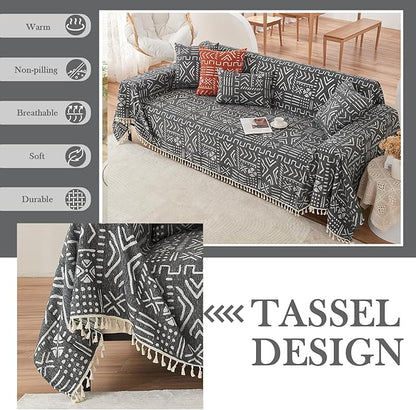 HANDONTIME Black White Boho Sofa Cover Geometric Farmhouse Tassel Couch Covers Boho Living Room Décor Dog Sofa Covers for Slipcover Aesthetic Couch Cushion Cover Couch Protector for Dogs, 71" X134"