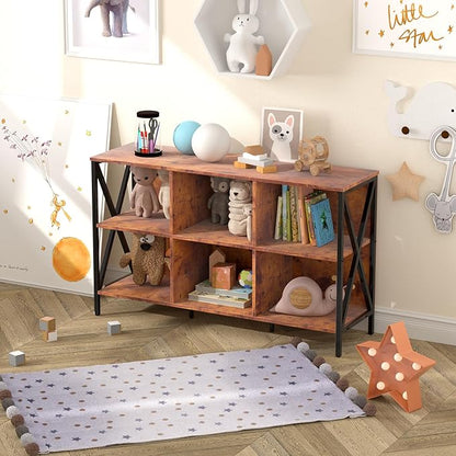Horizontal Bookshelf Bookcase,Cube Storage Organizer Shelf,Industrial Wide Bookcase with Storage,Low Short Wide Cubby Shelves,Rustic Farmhouse Shelf for Office Bedroom Living Room,47 in(Brown,6 Cube)