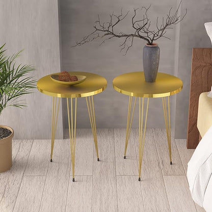 PAK HOME Set of 2 High Gloss Gold End Tables Round Wood Sofa Side Coffee Tables for Small Spaces, Nightstand Bedside Table with Metal Legs for Bedroom, Living Room, Office, Balcony