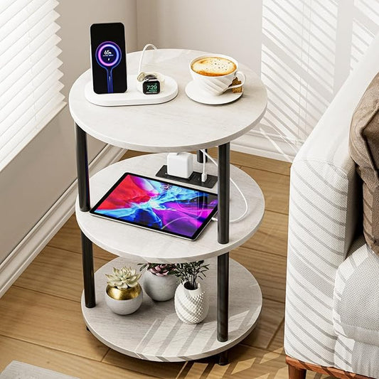 Small Round End Table - 3 Tier Design Accent Table, Narrow Side or Bedside Stand, Industrial Vintage Table for Small Spaces, Built-in USB Ports and Power Outlet, Greige