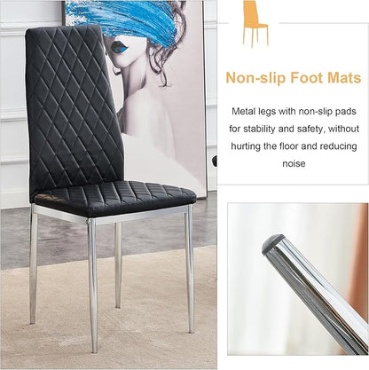 Modern Minimalist Dining Chair Fireproof Leather Sprayed Metal Pipe Diamond Grid Pattern Restaurant Home Conference Chair Set of 4 Or 6 (6, Jet Black)
