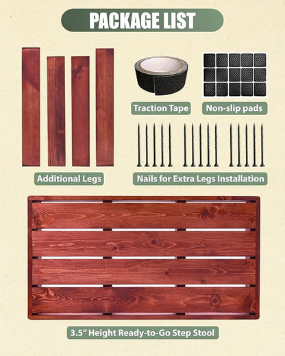 3.5"/6" Heightable Wooden Outdoor Step, 100% Heartwood Step Stools for Adults with 4 Additional Legs & Anti-Slip Traction Tape, One Step Stool for Elderly, Adults, Kids (30" L x 16" W)