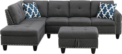 Ball & Cast 98" L Shaped Modular Sectional Couch for Living Room with Chaise & Storage Ottoman,4 Seat Linen Upholstered Sectional Sofa Set 3 PCS W/Cup Holders & Coffee Table,for Home,Office,Dark Gray