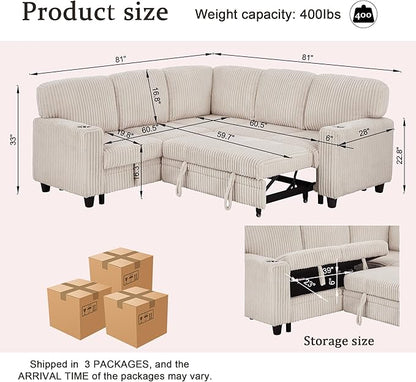 Ball & Cast Modular Sectional Sleeper Sofa Bed,L-Shaped Couch W/Pull Out Bed and USB Charging,Cupholders&Storage Seats,Convertible Sleeper Sofa Beds for Living Room,Apartment,Corduroy Fabric,Beige,81"