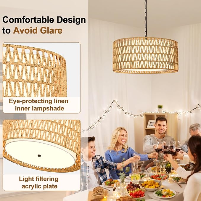 Farmhouse Chandeliers for Dining Room, Hand Woven 5-Light Rattan Pendant Light, Boho Rattan Chandelier with Linen Shade, Rustic Hanging Lighting for Bedroom and Kitchen Island (Bulb Not Included)
