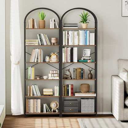 Homhedy 6-Tier Bookshelf Arched Display Racks, Wood and Metal Bookcase, Tall Bookshelf, Industrial Display Standing Shelf Unit, for Home Office, Living Room, Bedroom, Bathroom, Rustic Brown