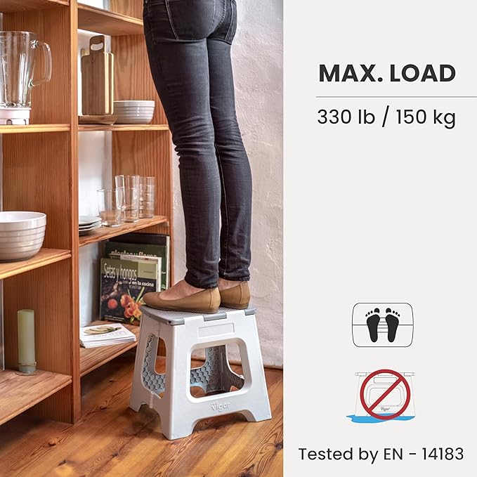 Vigar Compact Step Stool Foldable, 12-1/2-inch Step Stools for Adults up to 330 Pound, Lightweight Stool, Non-Slip Folding Step Stool, Gray