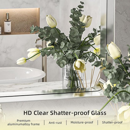 Hasipu Brushed Silver Bathroom Mirror 63x35 Inch Rounded Rectangle Vanity Mirror Metal Framed Wall Mirrors Anti-Rust Surface Mount (Horizontal/Vertical)