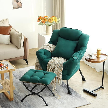 Lazy Chair with Ottoman, Comfy Reading Chair with Footstool & Pillow Modern Lounge Chairs with Armrests & Side Pocket for Living Room, Bedroom, Dorm Room，Dark Green