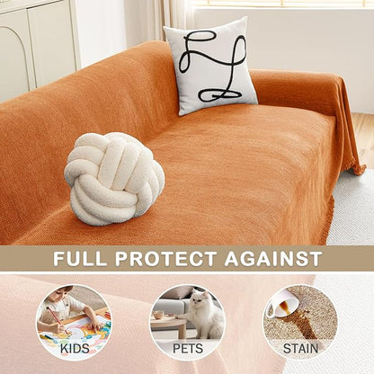 hyha Couch Cover for Dogs, Boho Sofa Covers for 3 Cushion Couch Washable, Chenille Sofa Slipcover for Pets, Soft Loveseat Sectional Couch Throw Blankets with Tassels (Orange, 71x118 Inch)