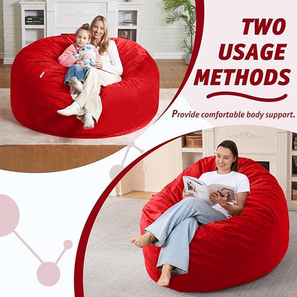 5FT Bean Bag Chair with Ultra Soft Velvet Cover Bean Bag Sofa with Memory Foam Bean Bag Chairs with Large Size Lazy Sofa for Dorm Office Living Room Bedroom Red 5'