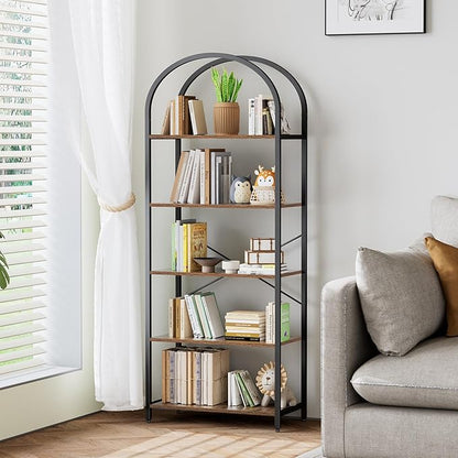 Homhedy 5-Tier Bookshelf Arched Display Racks, Wood and Metal Bookcase, Tall Bookshelf, Industrial Display Standing Shelf Unit, for Home Office, Living Room, Bedroom, Bathroom, Rustic Brown
