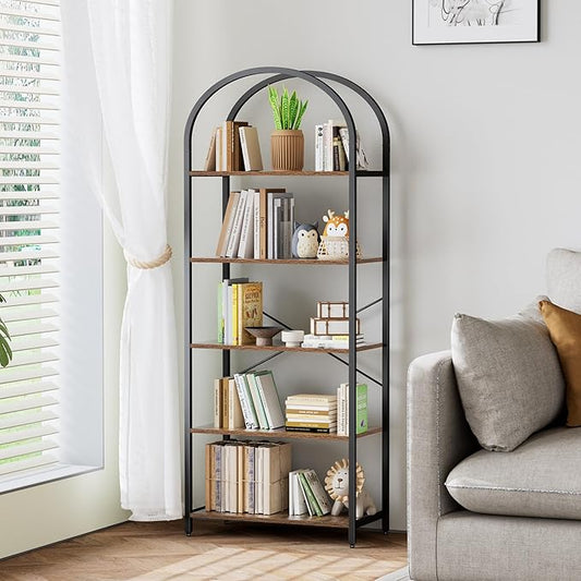 Homhedy 5-Tier Bookshelf Arched Display Racks, Wood and Metal Bookcase, Tall Bookshelf, Industrial Display Standing Shelf Unit, for Home Office, Living Room, Bedroom, Bathroom, Rustic Brown