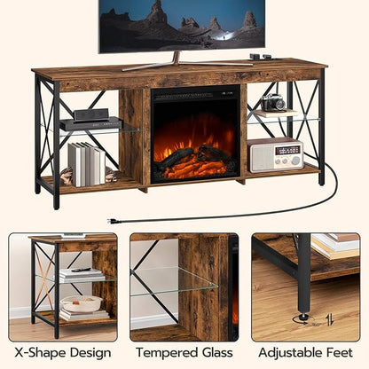 HOOBRO Fireplace TV Stand with Charging Station and LED Lights, TV Stand with Fireplace for TVs up to 65", Entertainment Center with Fireplace, Glass Shelves, Rustic Brown and Black BF140UDDS01