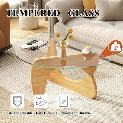 Mid Century Modern Glass Coffee Table, Small Coffee Table for Living Room, Elegant and Functional Coffee Tables, Suitable for Bedroom Living Room Reception Office Tables（Wood/Transparent，Small）
