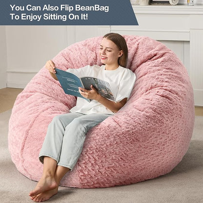 5ft Bean Bag Chairs for Adults Large Beanbag Chair with Chevron Plush Fur Cover Big Bean Bag Chair for Living Room Bedroom Dorm (Pink)