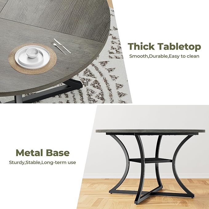 IRONCK 47.2" Round Dining Table for 4, Wood Kitchen Table with Storage Shelf for Dining Room, Dinner Table with Wooden Tabletop and Metal Base, Gray