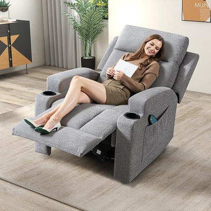 Phoenix Home Manual Recliner Chair Set of 2 with Massage and Heat, Ergonomic Overstuffed Breathable Fabric Recliner Single Sofa Seat with 2 Cup Holders, Living Room Lounge Recliners on Clearance, Gray