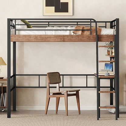 Metal Full Size Loft Bed with Built-in Desk,Storage Shelf and Ladder,Full-Length Guardrails and Secured Metal Slats, High LoftBed W/Large Storage Space for Kids Teens Adults Bedroom,Black