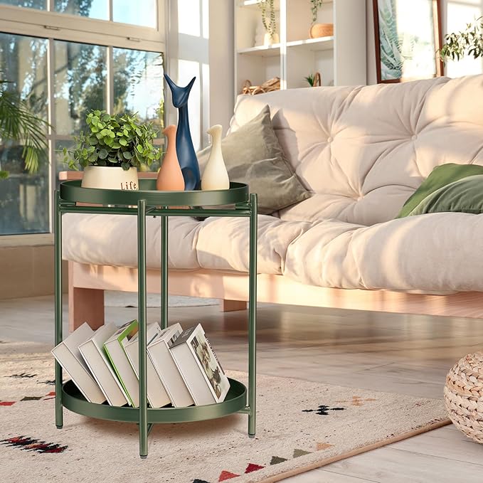 TeoKJ 2 Tier Green Side Table, Folding Round Metal End Table Small Nightstand with Two Removable Tray for Bedroom Living Room Bedside Small Spaces Dark Green